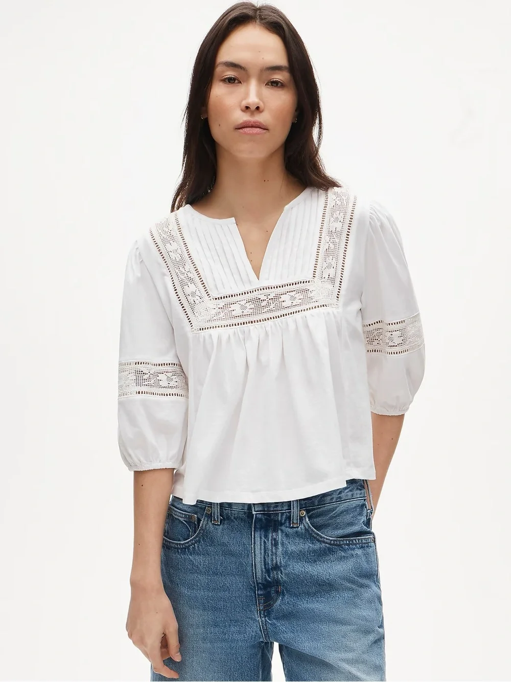 NWT J.Crew Lace-Trim Puff-Sleeve Shirt Broken-in Jersey White M
